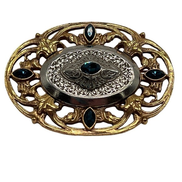 Gold Silver Blue Stone Scroll Western Brooch Pin Vintage - Picture 3 of 6